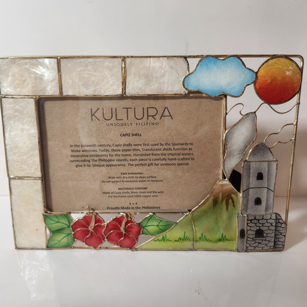 Kultura Filipino Capiz Shell Brass Copper 4x6 Photo Frame Tropical Landscape
